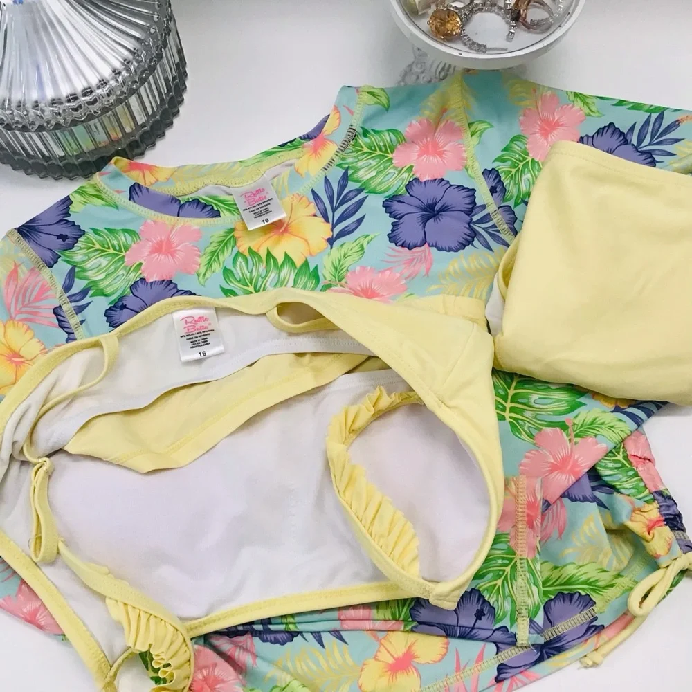Ruffle Butts Hibiscus Floral Rashguard Swim Set Sz 16